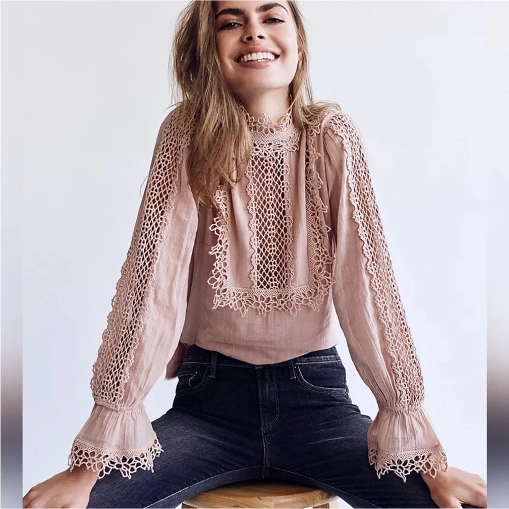 Free People One Blush Victoria Blouse Cut Lace Button Back Puff Sleeves Size S